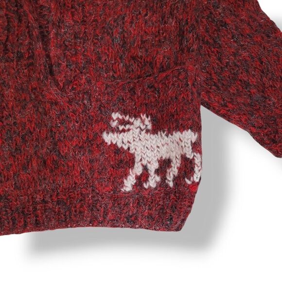 Vintage Hand Knitted Oversized V-neck Wool Knit Reindeer Sweater in Red L/XL - Picture 7 of 8